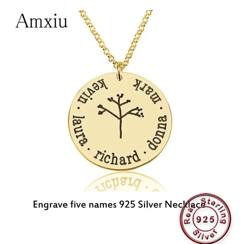 

Amxiu Women's Day Special Gift Custom 925 Silver Necklace Engrave Five Names Team Family Tree Pendant Necklace For Mother Mom