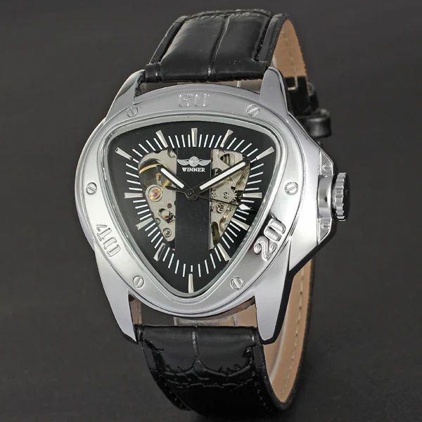 T-WINNER Triangle Skeleton Engraved Screw Bezel Classic Men Women Quartz Wristwatches Casual Waterproof Leather Watch