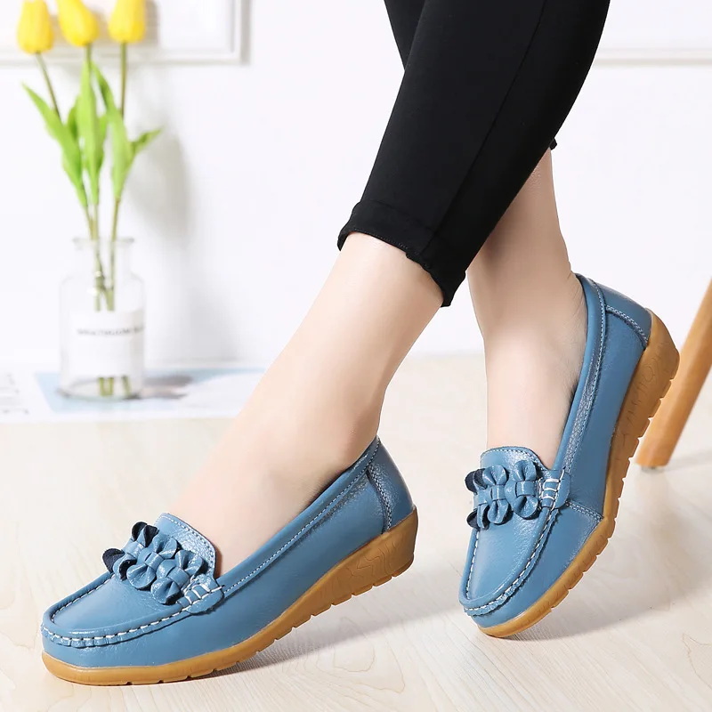 WOIZGIC Women Ladies Female Mother Genuine Leather Shoes Flats Loafers Slip On Breathable Soft Bow Plus Size 41 42 JTS-169