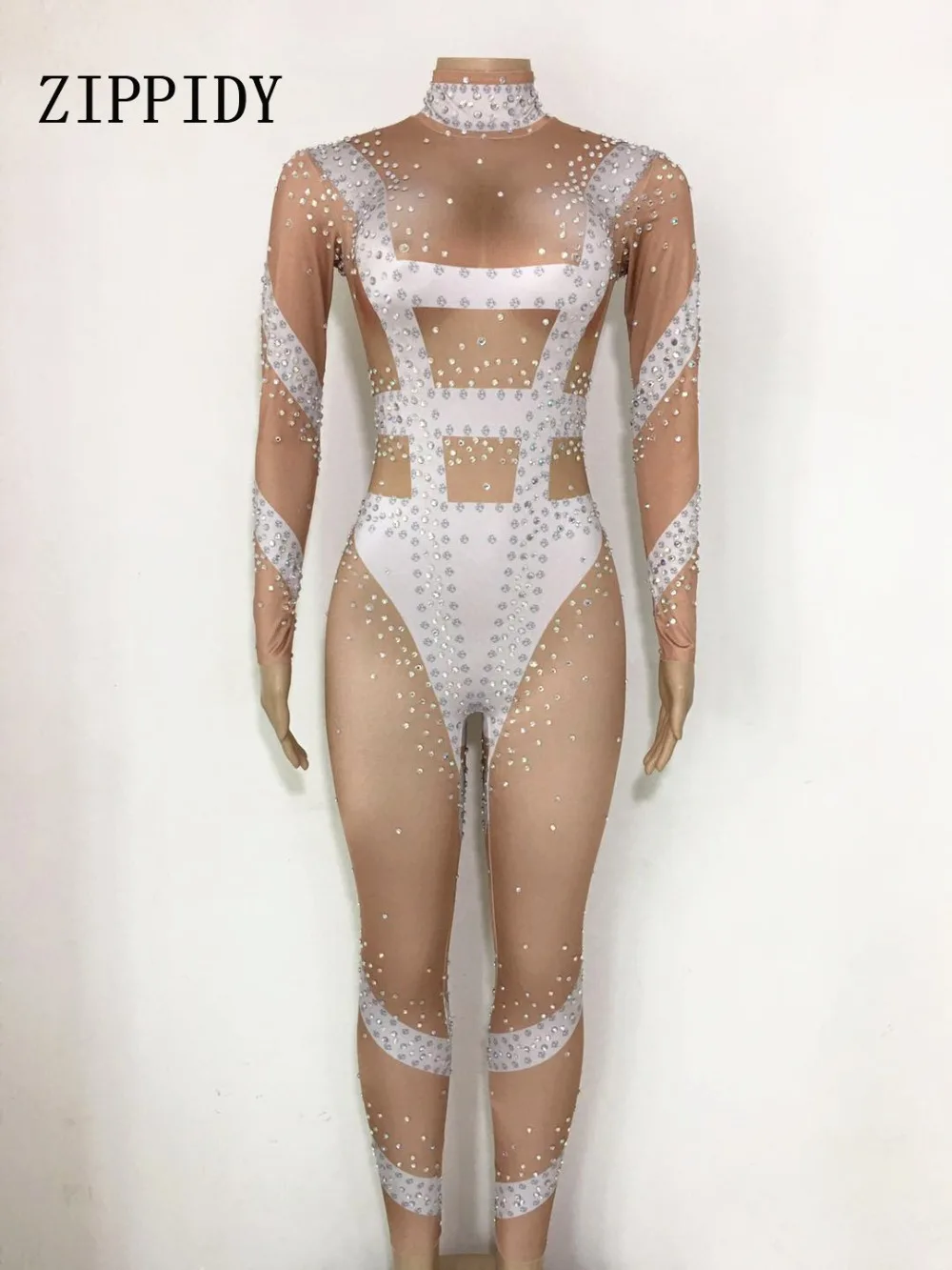 Rhinestone Skinny Jumpsuit แขนยาวยืดเซ็กซี่หินธรรมดา Bodysuit Stage Performance Party One - piece Leotard