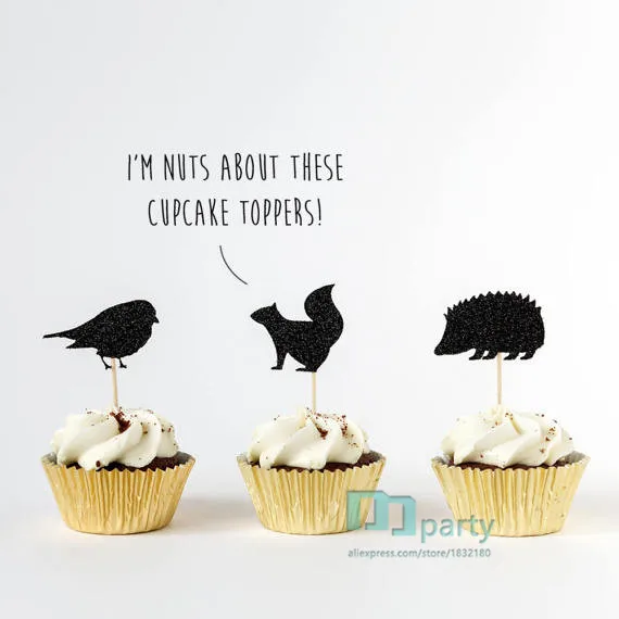 Woodland Animal Cupcake Toppers. Bird, Squirrel, Hedgehog. Custom Colour Glitter.First Birthday Party Decoration 12 Cake Toppers