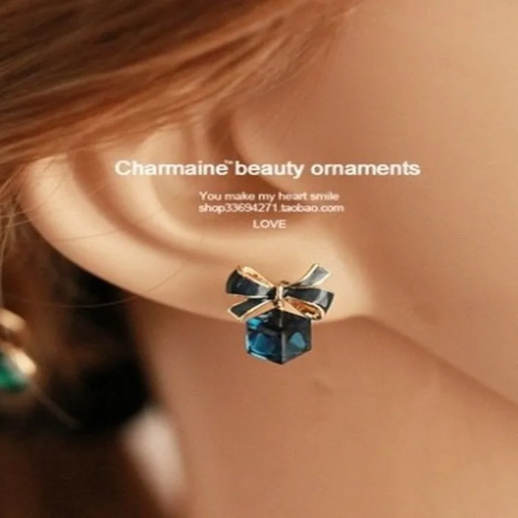 Fashion New Exquisite Crystal Blue Water Cube Box Cube Stone Bow Couple Earrings Jewelry Wholesale Earrings For Women Oorbellen