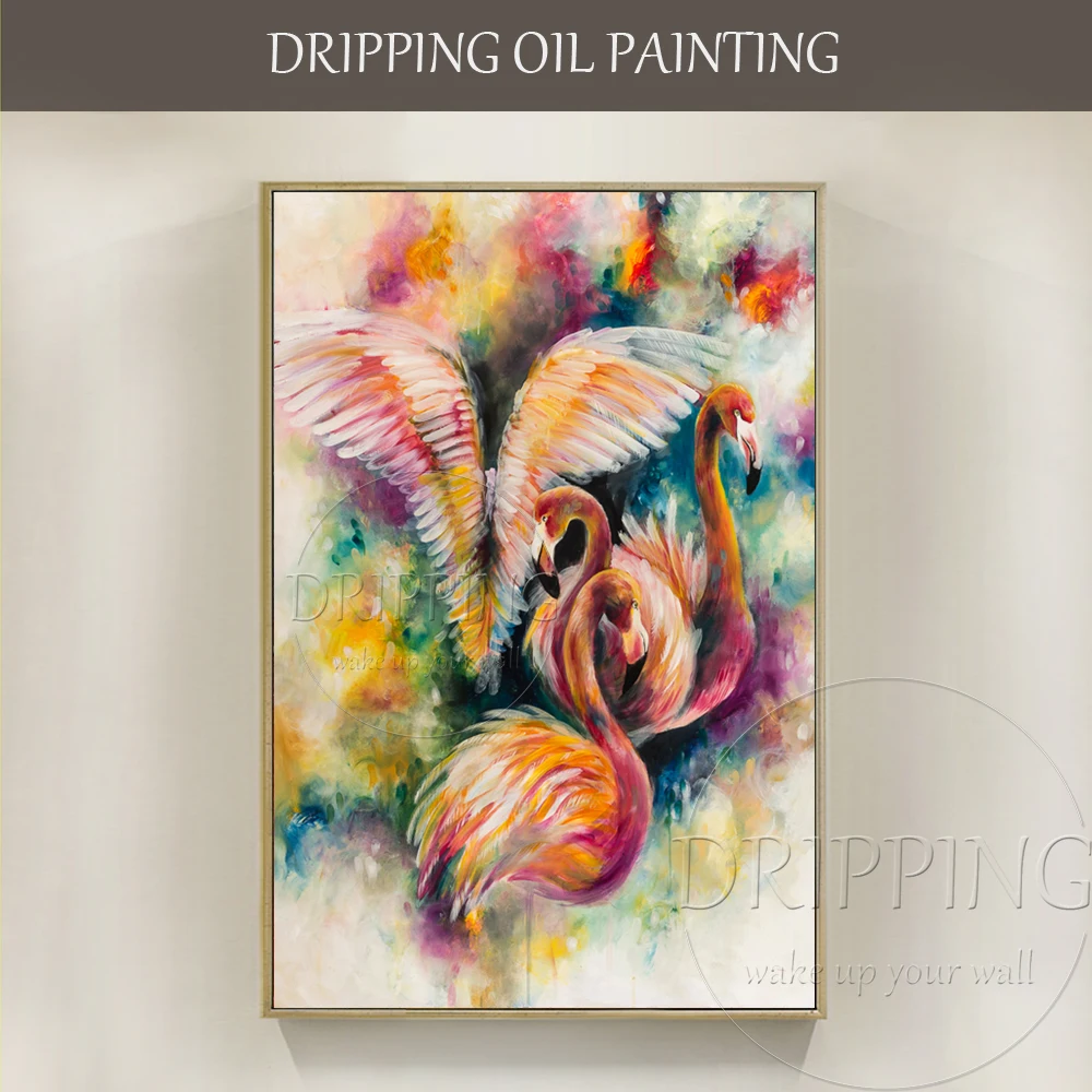 

Rich Colors Handmade Abstract Animal Flamingo Oil Painting on Canvas Unique Bird Vivid Colors Pink Animal Flamingo Oil Painting