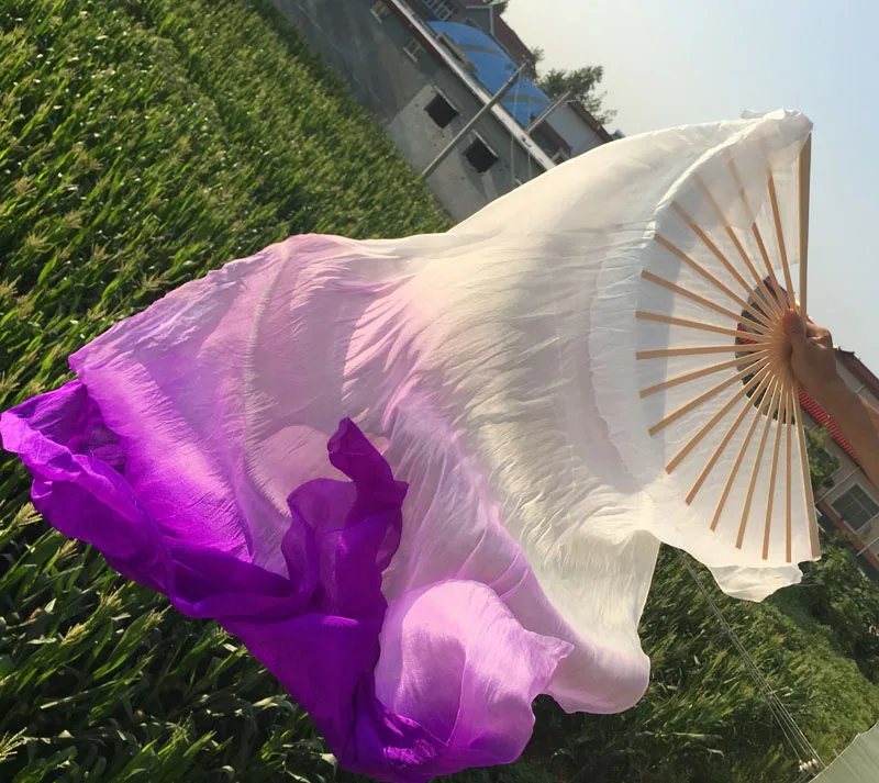 Children Adults  Hand Made Colorful Silk Bamboo Flame Belly Dance Long Folding Fan Veils Art Colorful Purple Pink Free ShippingX