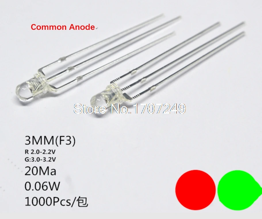 1000pcs 3mm Bi-Color Green And Red LED Diode Common Anode 20mA 3 mm Round Transparent 20mA LED Light Emitting Diode Lamp