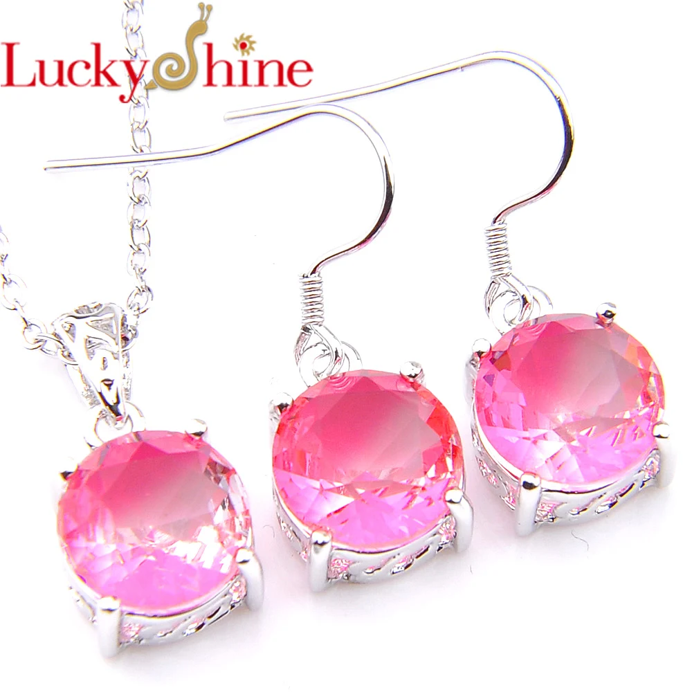 Luckyshine 2 Pcs/Lot Valentine's Day Jewelry Set Unique  Bi Colored Tourmaline Gems Silver Plated Pendants Necklaces Earring Set