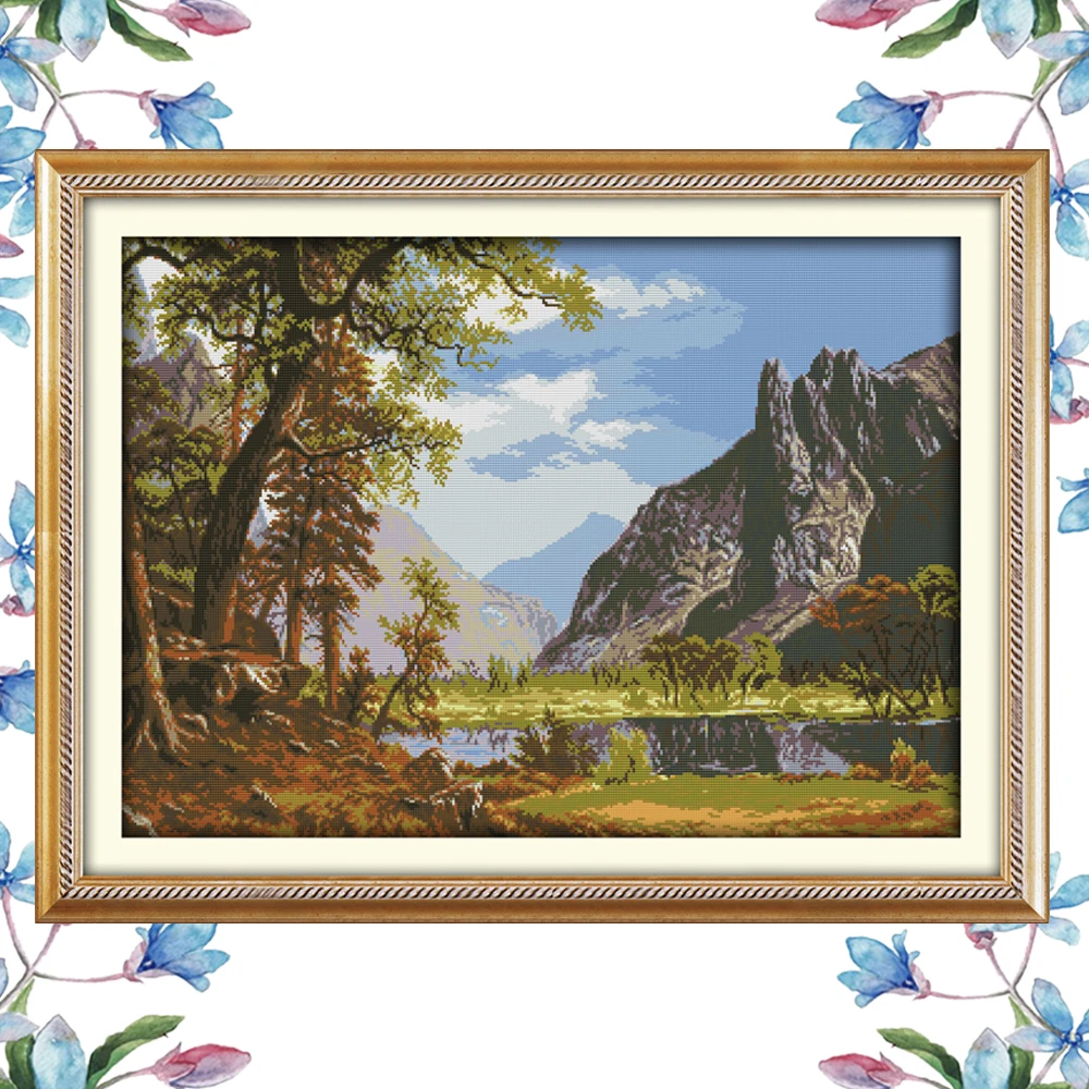 NKF Landscape of Lake and Hill Cross Stitch Handmade Craft Needlework Cross Stitch Set Embroidery Kit Scenery Design Home Decor