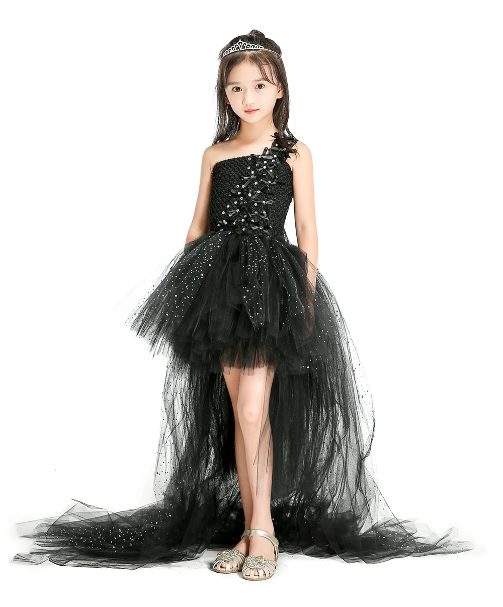 Shinning Black Girls Party Dresses with Train Tulle Ribbon Bow Lace Baby Girl Tutu Dresses for Birthday Party Baby Girls Clothes