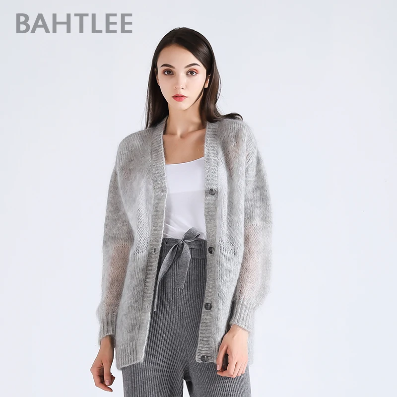 

BAHTLEE-Women's Mohair Cardigan, Knitted Sweater, V-Neck, Solid Long Sleeves, Wool Coat, Thin Loose Style, Spring, Autumn