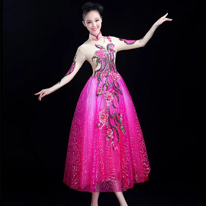 

women rose modern flower Dance Costume festival Performance Costume Female festival dance dress new year dance dress