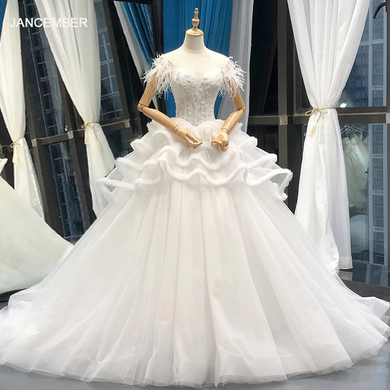 

J66730 jancember sweetheart wedding dress with feather off shoulder ball gown bridal dress ruffle vestidos de novia con plumas