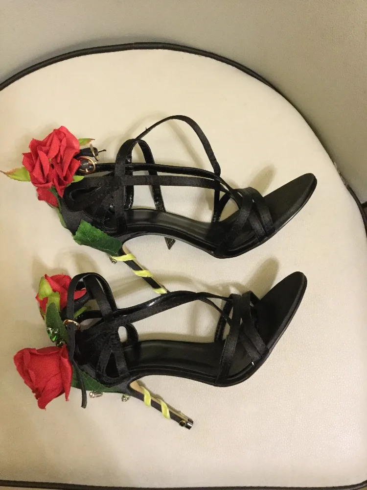 Sandalia Feminina Red Rose Flower Leaf Block High Heel Sandals Summer Peep Toe Girls Sweet Party Wedding Sexy Dress Shoes