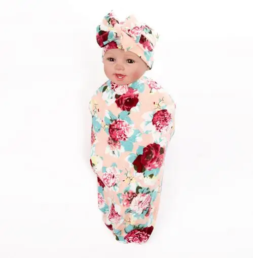 ON SALE 1 set kids swaddle blanket and bowknot hospital hat flower tree blanket girls photography props muslin swaddle wrap