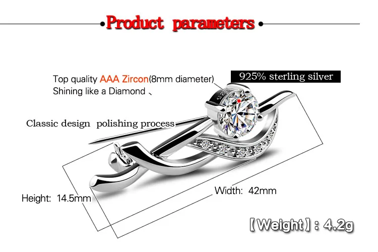 Popular female models silver jewelry 925 sterling silver brooch charm jewelry zircon inlaid design ladies solid silver bijoux