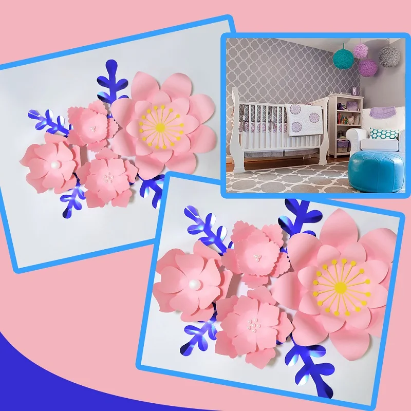 Handmade Pink Rose DIY Paper Flowers Blue Leaves Set For Party Wedding Backdrops Decorations Nursery Wall Deco Video Tutorials