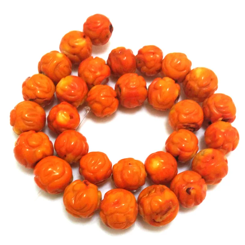 

16 inches 15-16mm Orange Round Natural Carved Coral Beads Loose Strand