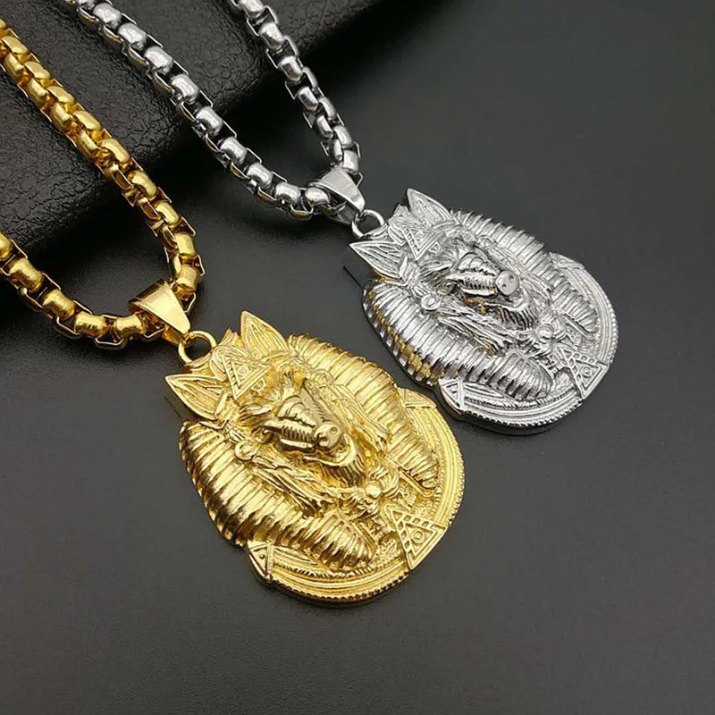 Hip Hop Gold Silver Color 316L Stainless Steel Animal Wild Boar Anubis Amulet Pendants Necklaces for Men Rapper Jewelry