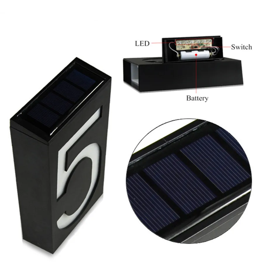 Luz LED Solar de pared para exteriores, iluminación con número de casa, placa de puerta, lámpara automática, luces de porche con número de batería Solar para el hogar