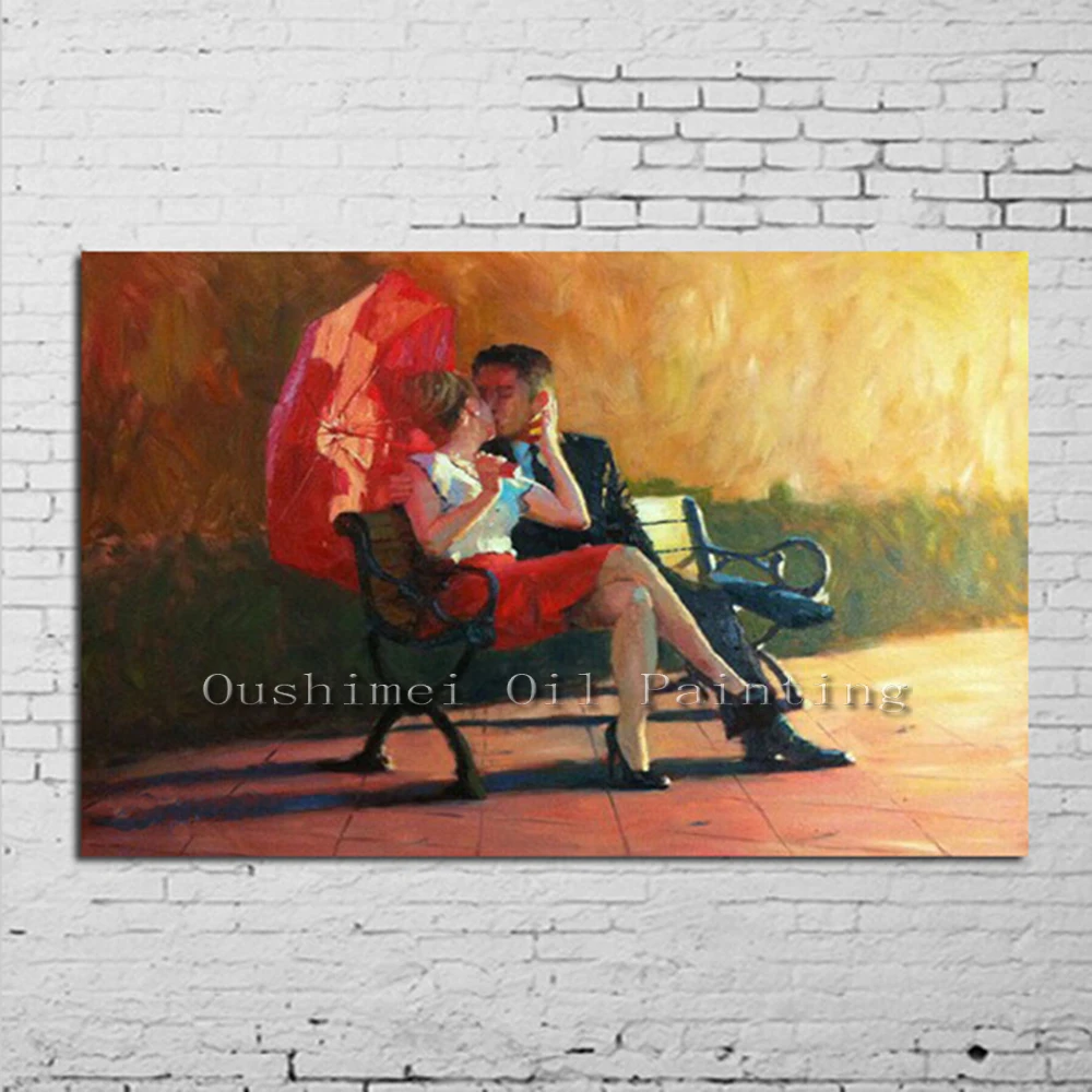 Free Shipping Hand Painted Modern Wall Artwork Unique the Couple Romance Kiss in Love With Red Umbrella Oil Painting on Canvas