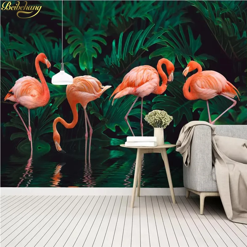 beibehang Custom Nordic tropical rainforest banana leaf flamingo garden wall paper TV background mural wallpaper for living room