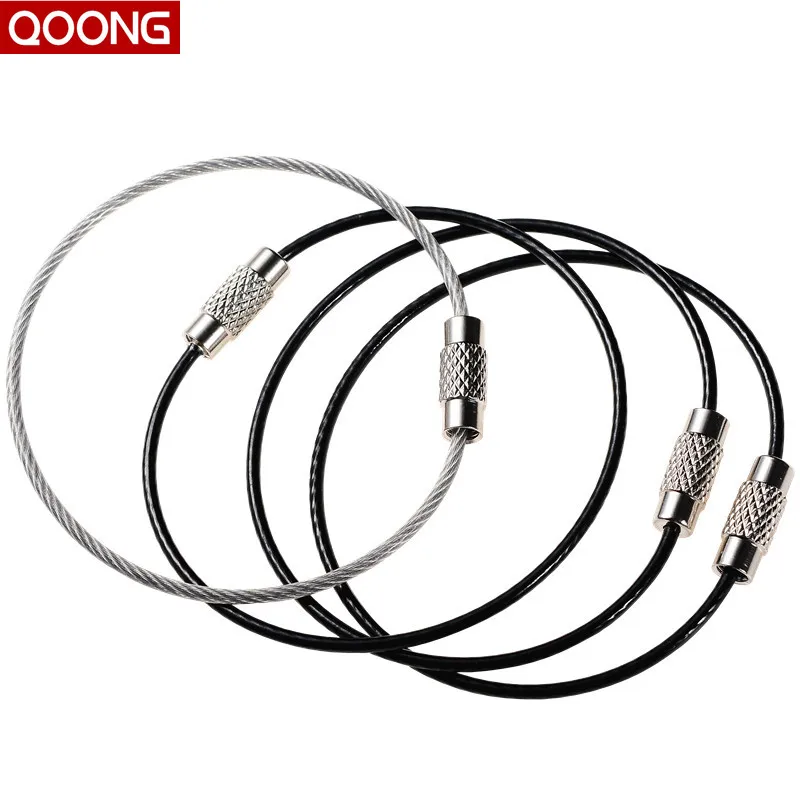 QOONG 10PCS Black Color Metal Wire Circle Keychain Stainless Steel Traveller Key Chain Ring Holder Men Strap Keyholder Q05