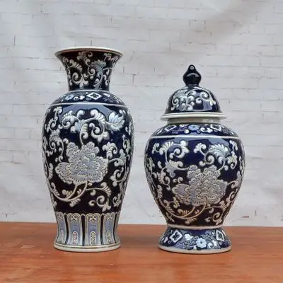 Classical ornaments blue and white relief pottery jar pot flower bottle flower sample board room decoration