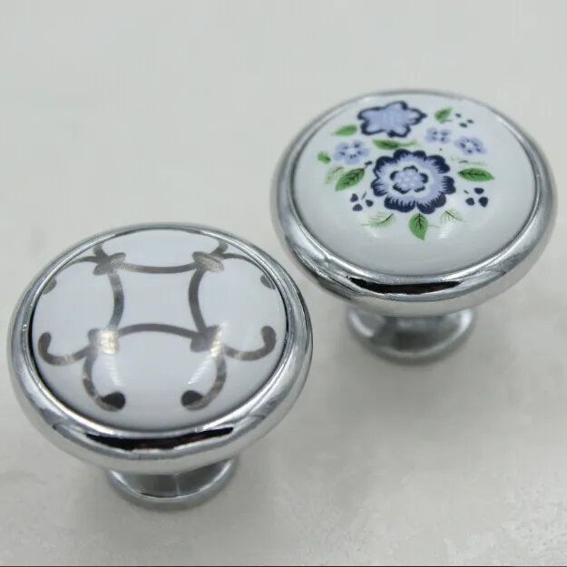 

32mm silver kitchen cabinet pulls,blue flower ceramic dresser knobs chrome drawer cabinet cupboard furniture handles pulls Knobs