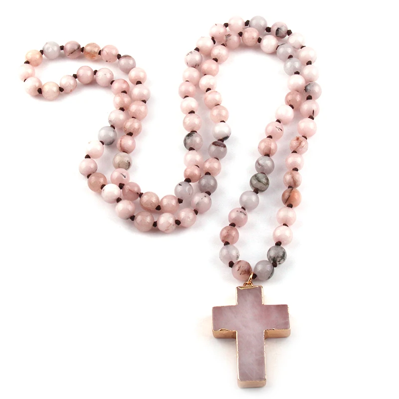 Fashion Bohemian Tribal Jewelry Stone long Knotted Stone Cross Pendant Necklaces Women Ethnic Necklace