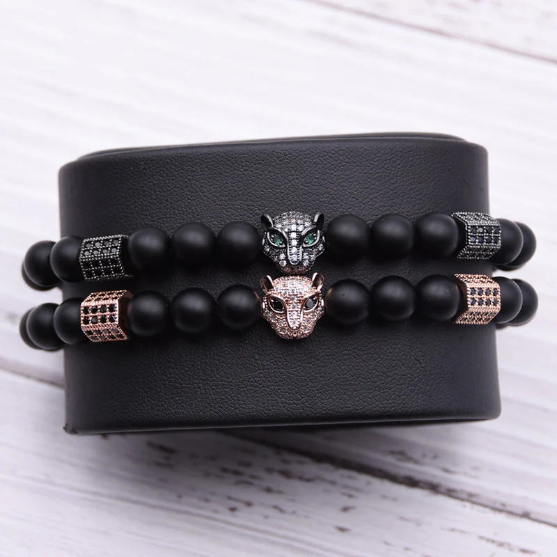 Micro pavimenta CZ rame testa di leopardo braccialetti con ciondoli e braccialetti bracciale in pietra nera naturale smerigliata pulseras