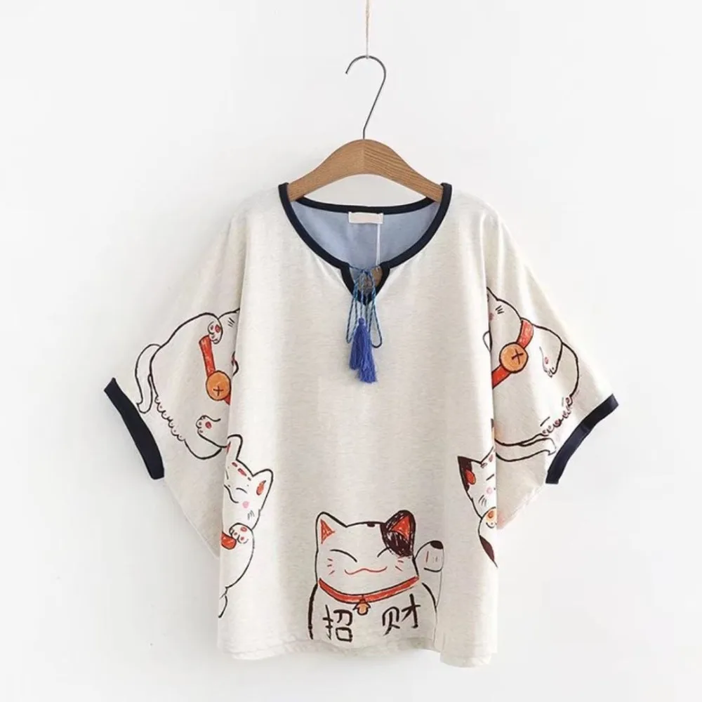 SzBlaZe-Camiseta de manga corta con estampado de gato de la suerte para mujer, Camiseta de algodón con cuello redondo, estilo Anime japonés, Harajuku, kawaii