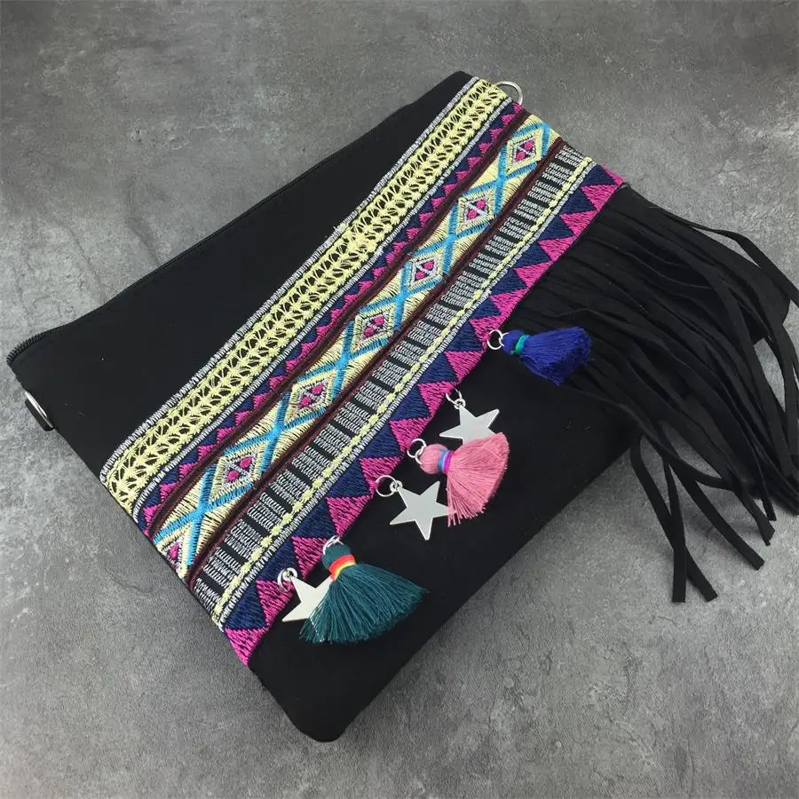 New Boho Único Vintage Étnico Ombro Saco Preto Boho Hippie Tassel Tote Messenger Bag