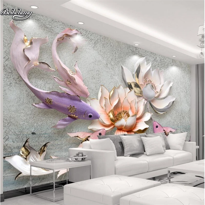 

wellyu Chinese - style relief lotus fish retro fresh Chinese TV backdrop custom large - scale fresco non - woven wallpaper