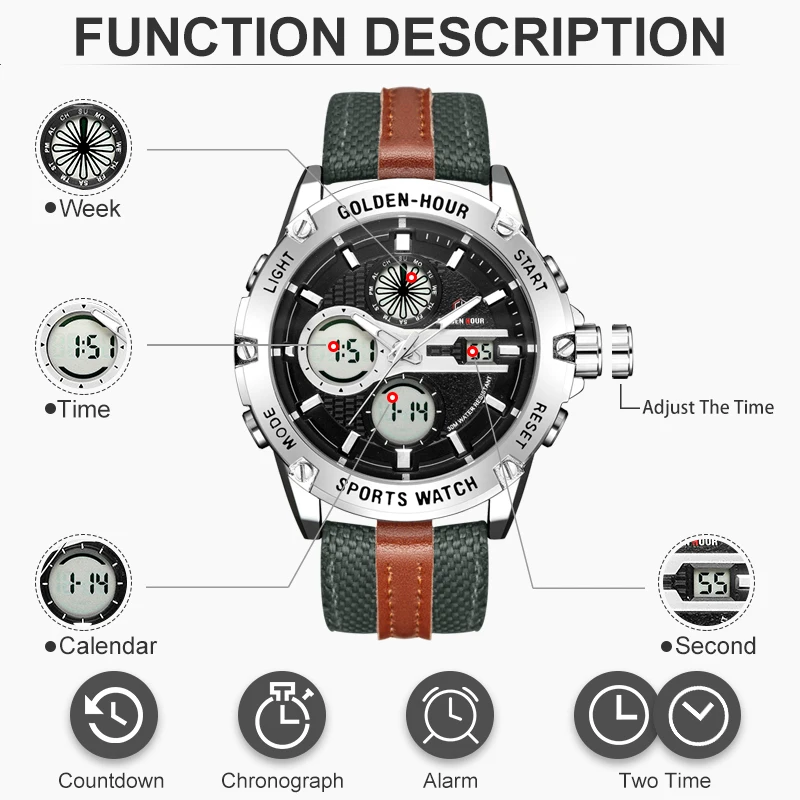 GOLDENHOUR Men Fashion Army Military Watch Mens Dual Display Waterproof Quartz Wristwatches Luminous Hands Sport Clock Relogio