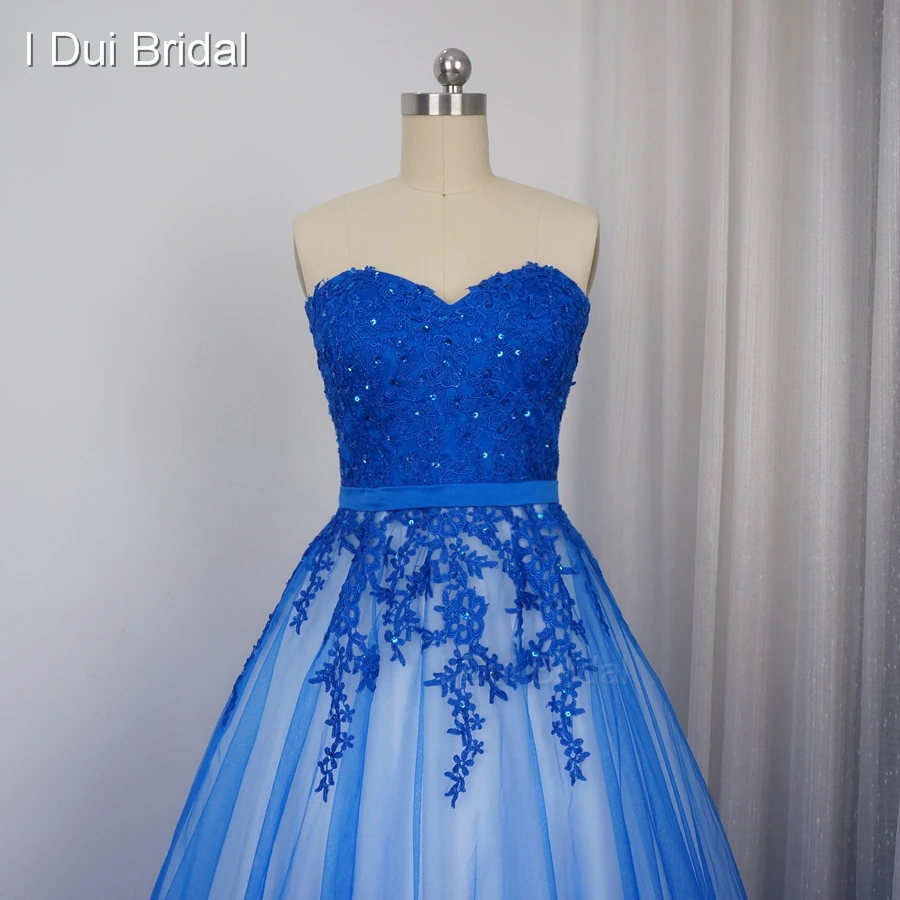 Dell'innamorato Blu Prom Dresses Una linea di Tulle Rivestimento Completo Appliqued Merletto In Rilievo Partito Abiti Occasioni Speciali Su Ordine 201705103