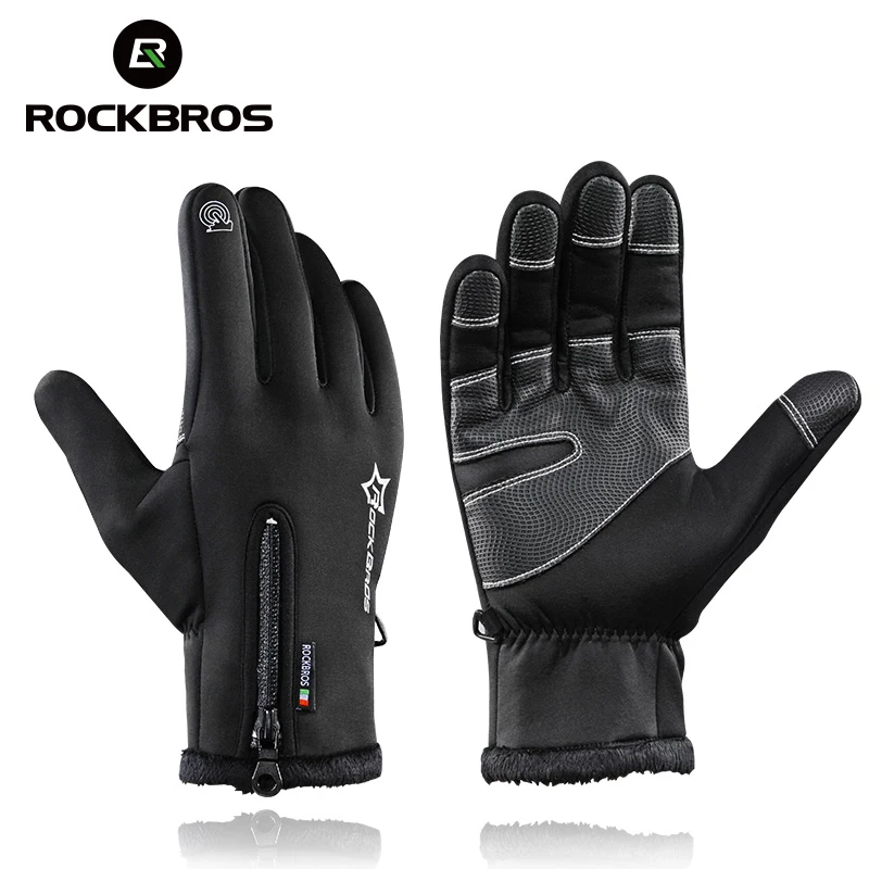 ROCKBROS Touch Screen Bike Cycling Gloves Winter Full Finger Windproof Fleece Warm Men Women Bicycle Ski Anti-slip Sport Gloves