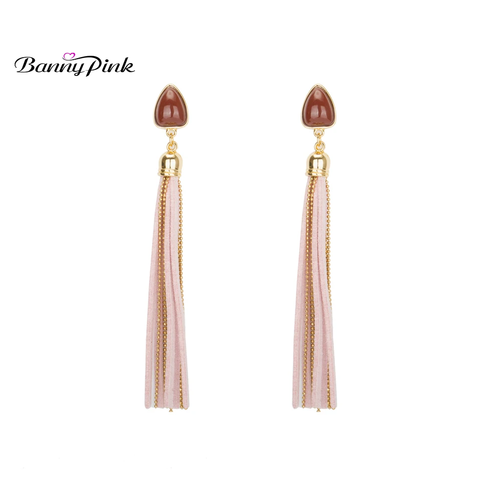 Banny Pink Elegant Pink Leather Metal Chain Maxi Tassel Earrings For Women Bohemia Triangle Studs Earrings Long Pendant Earrings