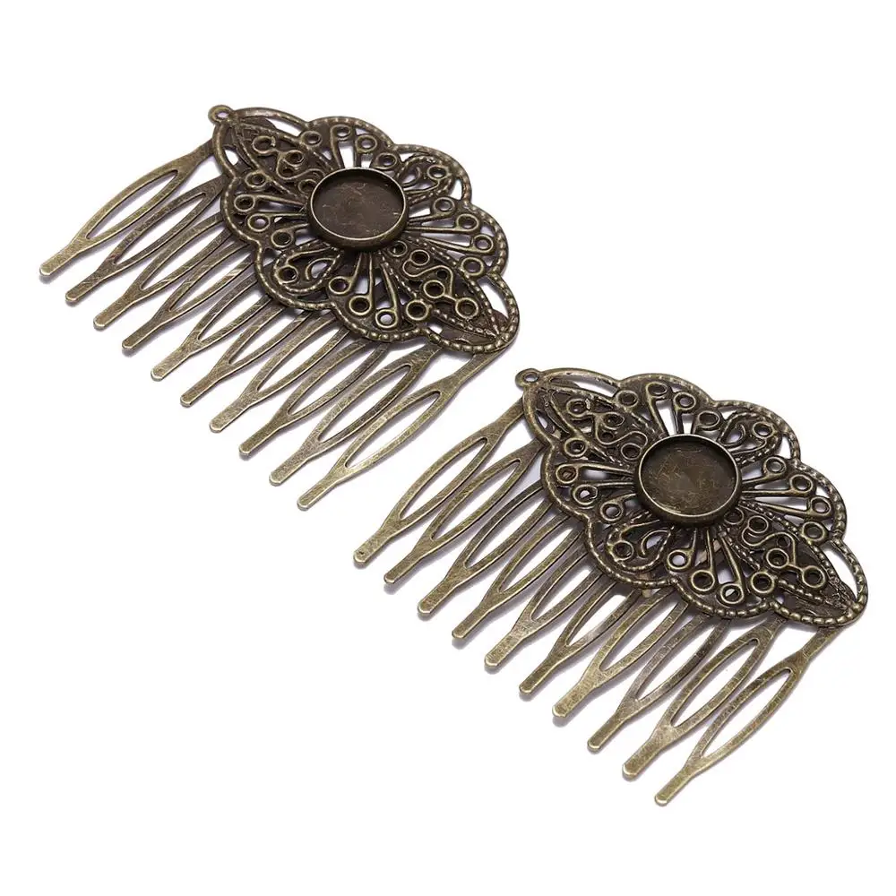 5pcs 52*56mm Bronze Metal Hair Comb 12mm Glass Cabochons Settings Hair Clips For Jewelry Making Findings DIY Hairpins Accessorie