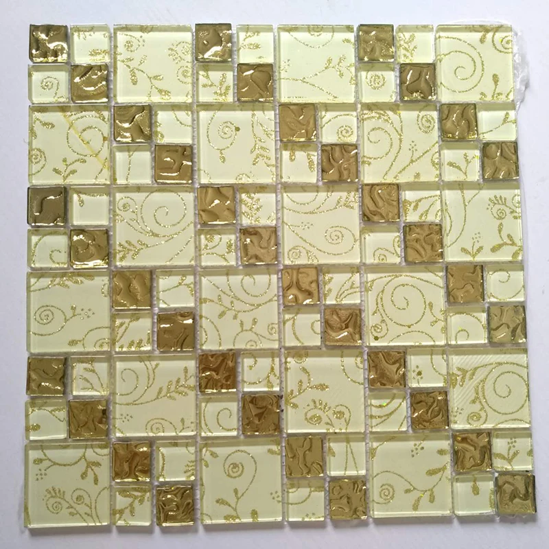 11 sheets Gold Leaf Crystal Glass  Art Mosaic Tiles ,r DIY Kitchen Cabinet Fireplace Bathroom Store Wall Tile Decoration