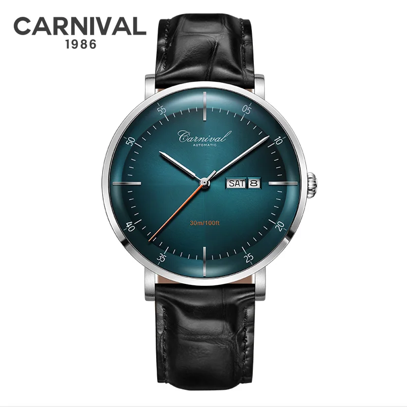 CARNAVAL Hoge kwaliteit MIYOTA automatisch horloge gebogen saffier mechanische horloges voor heren kalender leer waterdicht Montre Homme