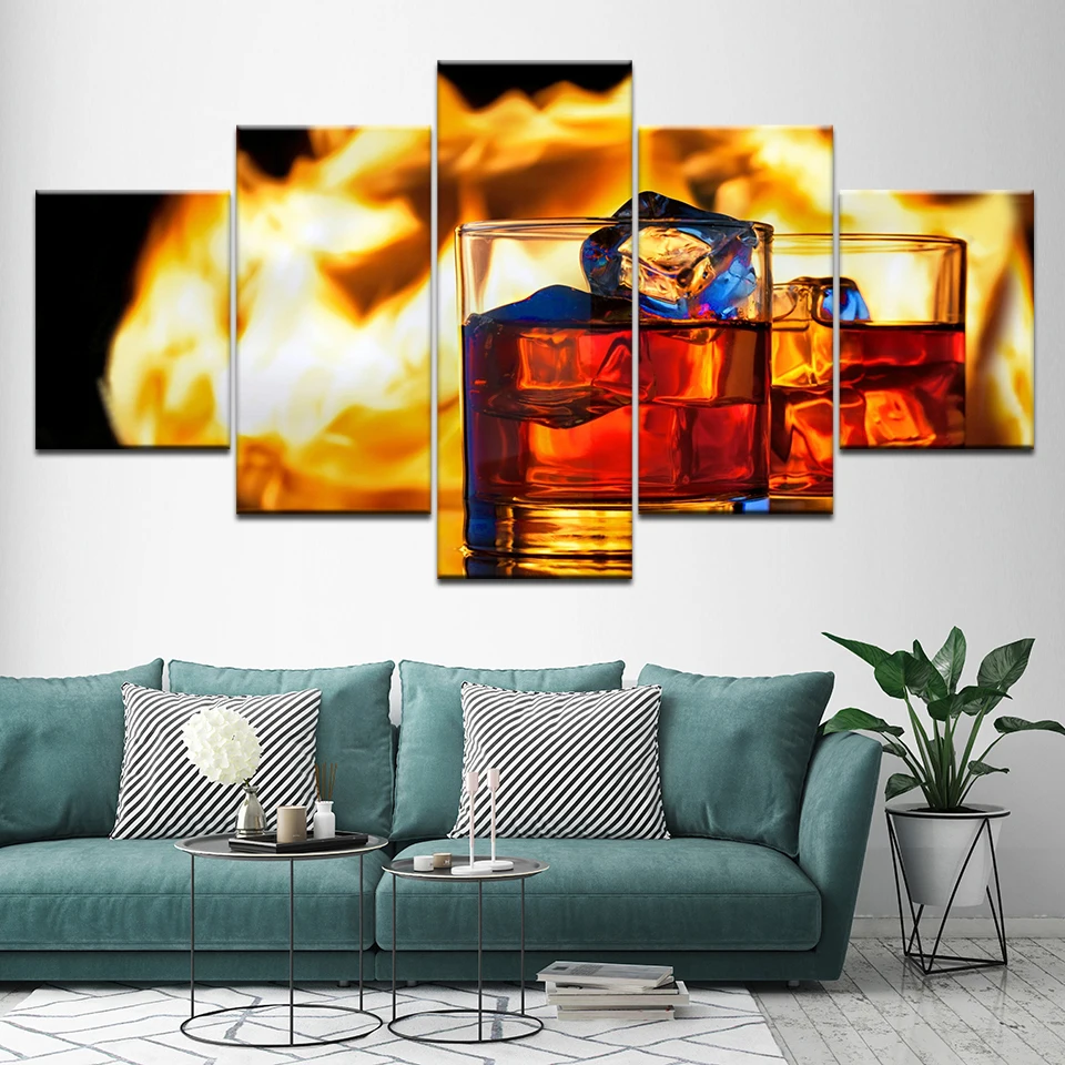 Canvas Painting Two cup of Black Whiskey 5 Pieces Wall Art Painting Modular Wallpapers Poster Print for living room Home Decor