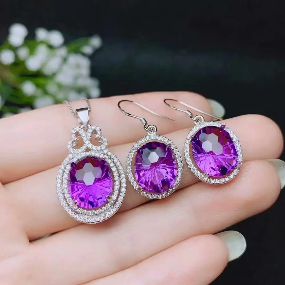 dedicate clear pruple amethyst earrings and necklace jewelry set for women with 925 silver