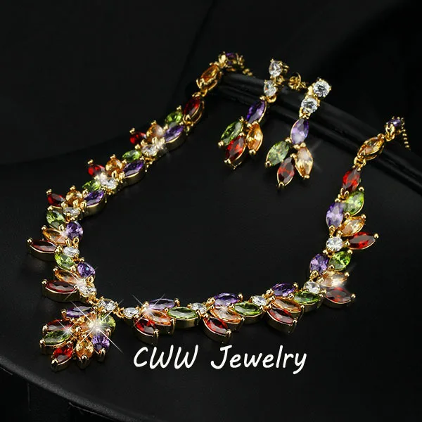 CWWZircons Beautiful In Colors Top Quality CZ Crystal Big Drop Flower Necklace Earrings Jewelry Sets For Women Gift  T069