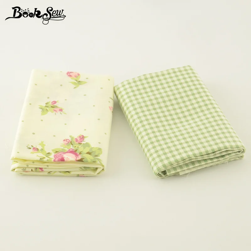 Booksew 2PCS/Lot  50x100CM 100% Cotton Twill Fabric Tissue Rose Checks Design Green Sewing Cloth For Cushion Patchwork Bedding