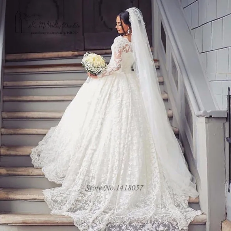 Arab Wedding Dress Turkey Puffy Wedding Gowns Long Sleeve Lace Bride Dresses 2017 Ball Gown Vestido de Noiva Com Manga Lebanon