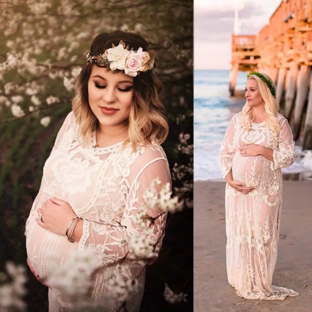 White Lace Maternity Dress Photography Prop O-neck Long Sleeve Wedding Party Gown Pregnant Dresses For Photo Shoot Cloth Plus