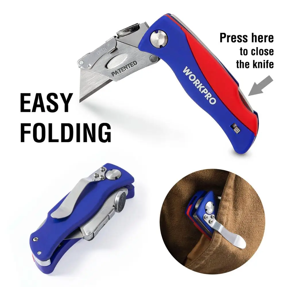 WORKPRO Folding Knife Electrician Utility Knife for Pipe Cable Cutter Knives with 5 pcs Blades in Handle