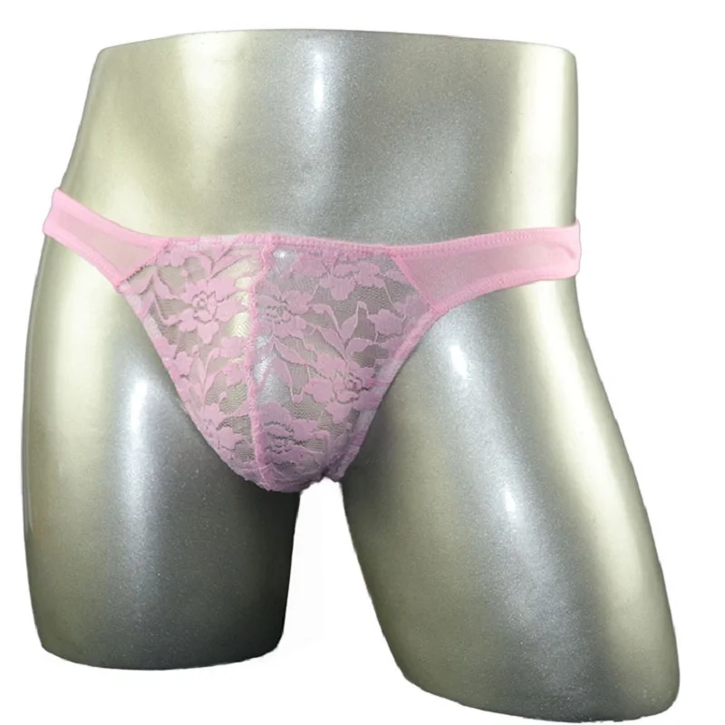 

Sexy male three-dimensional cut pink roses gauze thong and g-string transparent lace Pant Underwear
