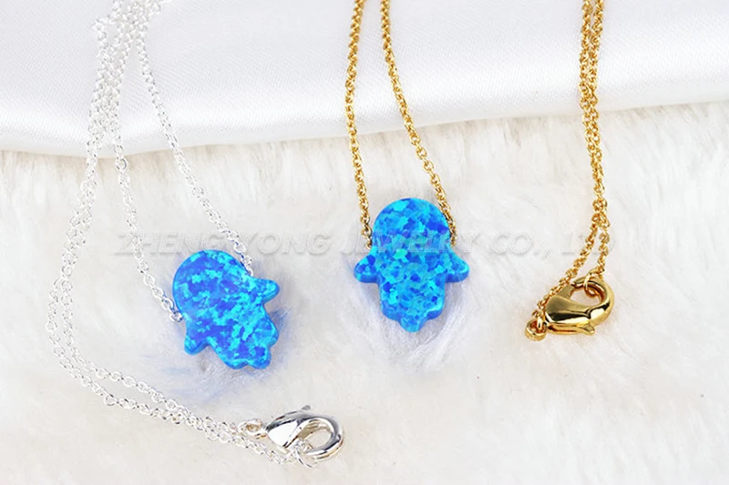 Gold Silver Plated Necklace 11x13mm Blue Hamsa Opal OP05