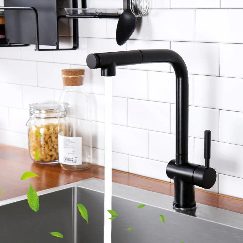 Two mode Brass kitchen faucet Rotatable pull out cold hot water kitchen faucet top quality black plated