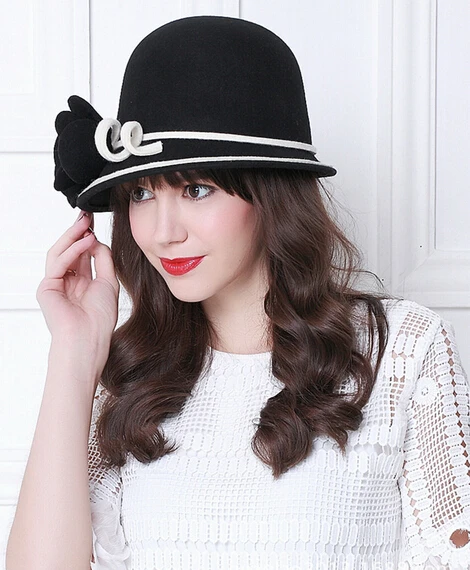 

Black Winter Wool Fedora Hats For Women Flower Bucket Hat Vintage Pure Wool Felt Brim Floppy Cashmere England Ladies Church Cap